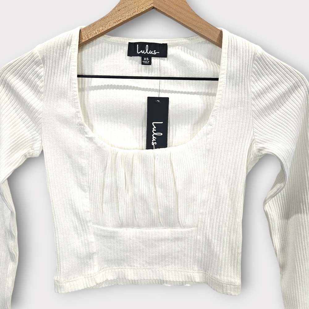 Lulu's White Ribbed Long Sleeve Crop Top - Picture 3 of 9